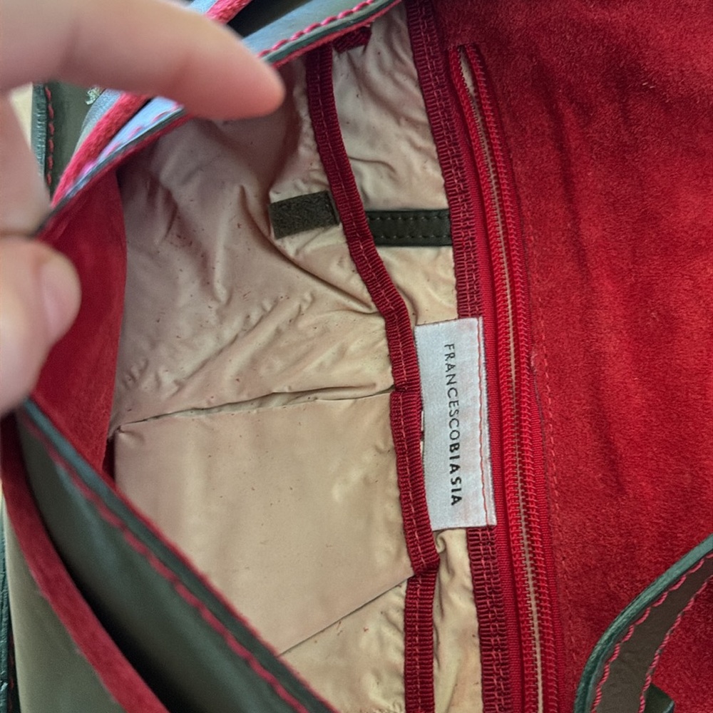 Francesco Biasia Army Green Deep Red Leather N Suede Shoulder Bag MINT condition - Picture 10 of 16